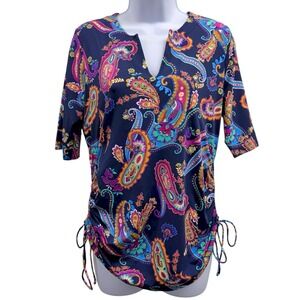 Lands End Women's Medium Multicolor Paisley V-Neck Short Sleeve Top Rouched Side